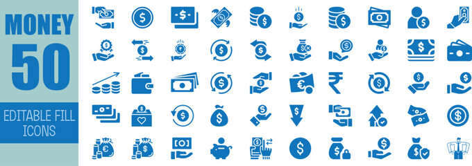 Fifty editable blue money icons finance banking currency