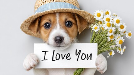 Cute Puppy with "I Love You" Sign and Flowers