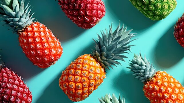 Red and Orange Pineapples on Blue Background