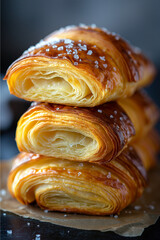 Stack of flaky, golden pain au chocolat pastries topped with coarse sugar, showcasing delicate laminated layers and a glossy baked finish.