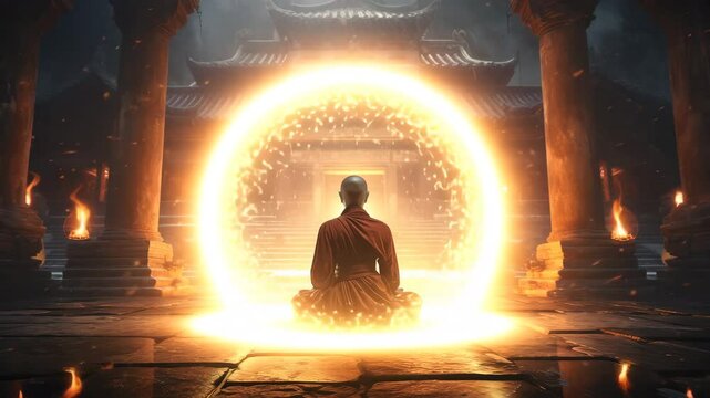 Enlightened Monk Surrounded by Glowing Energy Ring

