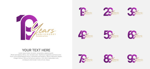 Anniversary logo set vector design, purple and gold color for celebration event