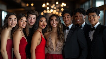 Fototapeta premium Diverse group of young adults in formal attire posing together at a celebration event with warm lighting