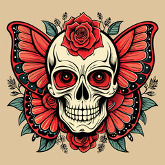 Obraz premium Stylized Skull with Red Butterfly Wings and Roses Against a Beige Background Artwork