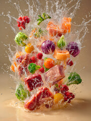 An explosive burst of fruits, vegetables, and raw meat flying mid-air, wrapped and intertwined with splashes and streams of water