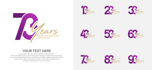 Anniversary logo set vector design, purple and gold color for celebration event