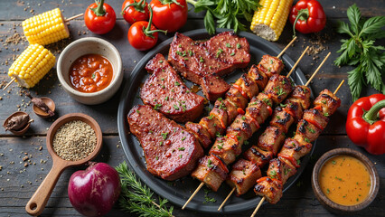 National Grilling Month – Barbecue Skewers and Grilled Steak with Summer Vegetables and Sauces