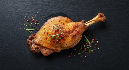 Roasted Duck Thigh with Rosemary and Spices - Juicy roasted duck thigh, seasoned with herbs and spices, rests on a dark stone board. It symbolizes deliciousness, comfort food, festive meal