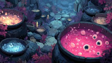 Black cauldrons with boiling magic potions, poison and love elixir. Old witch cooking boilers on fire with scary potion with eyeballs and bubbles, vector cartoon set isolated on background
