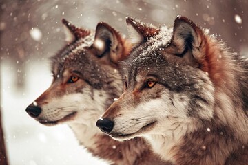 Obraz premium Two Gray wolf in snowy winter, intense eyes and cold landscape