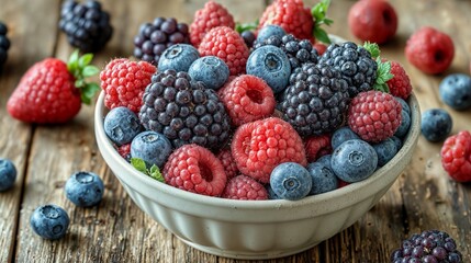 Assorted Berries in a Bowl on Rustic Wooden Table