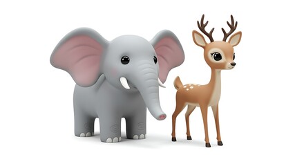 Naklejka premium 3D cartoon elephant and deer duo on white background