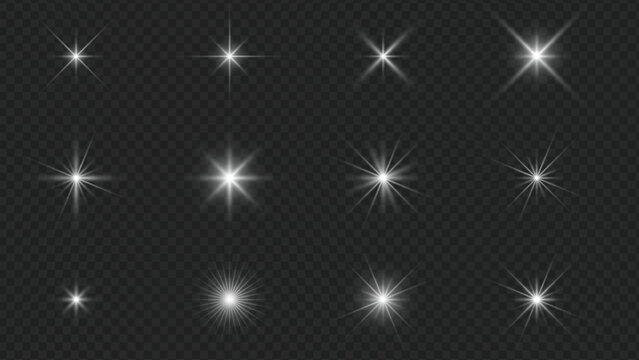 Realistic star light effect set with glow sparkle and burst elements, transparent isolated shine collection, vector highlights for UI, overlay, design, and digital lighting compositions