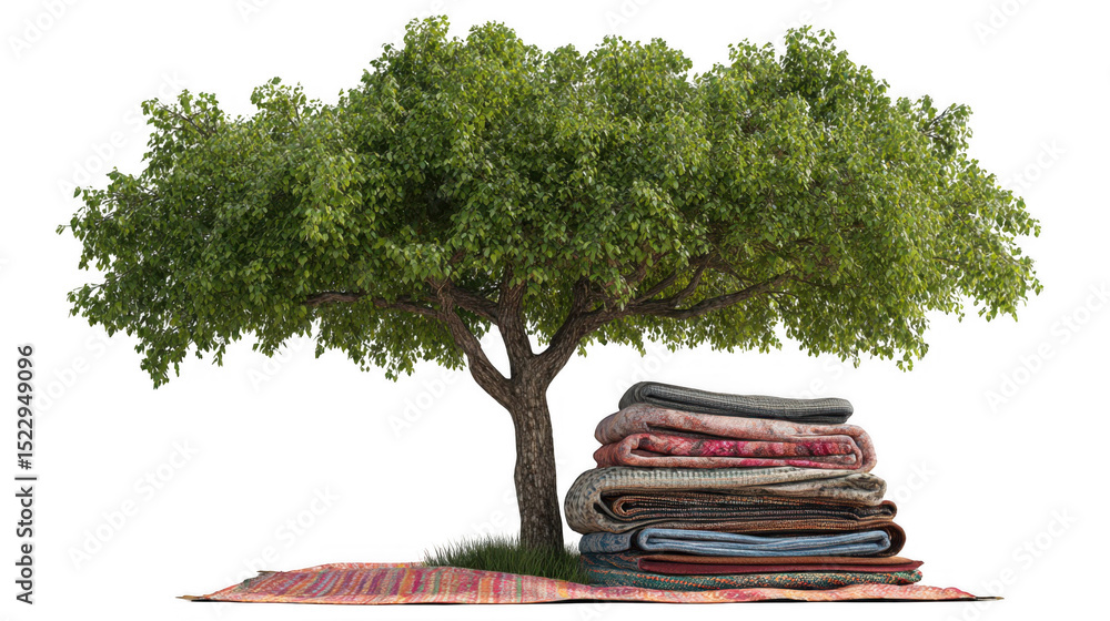 Poster vibrant green tree providing shade for a stack of folded blankets on a patterned rug, creating a ser