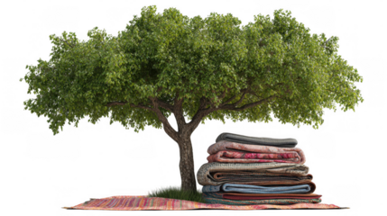 Vibrant green tree providing shade for a stack of folded blankets on a patterned rug, creating a serene outdoor scene with a transparent backdrop for design use