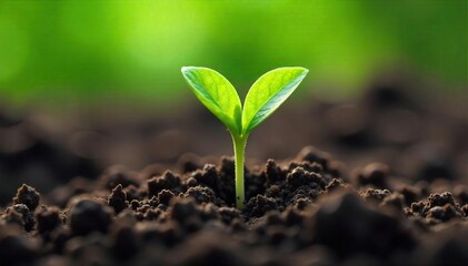 Fototapeta premium Close-up of a tiny sprout pushing through soil, representing the gradual process of growth and development, a metaphor for the slow and steady power of evolution , sprout, patience, green