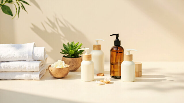 Clean ceramic spa bath salt and cosmetics with soap in a bright interior