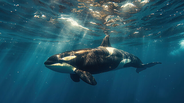 Scuba diver diving snorkeling swimming underwater in blue sea or ocean next to the orca dolphin killer whale. Marine aquatic wildlife animal, dangerous fish predator, deep undersea, travel.