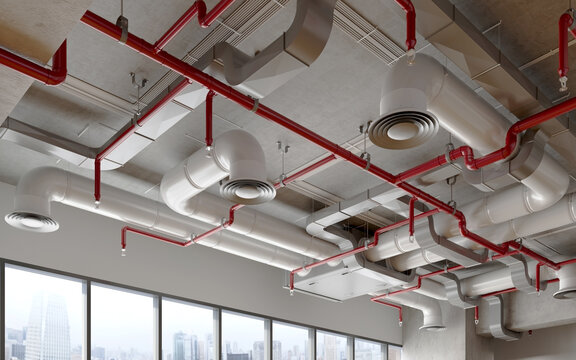 Ceiling view of MEP (Mechanical, Electrical, and Plumbing) systems, showcasing organized installation of HVAC ducts, fire protection pipes, electrical conduits, and communication lines.3d rendering