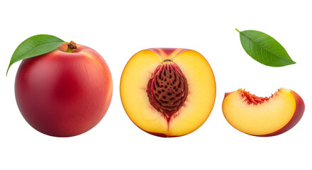 Set of Red Peaches and Juicy Peach Slices Isolated on Transparent Background

