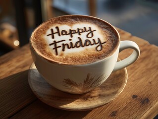 Coffee Cup with Happy Friday Message on Foamy Latte Art in Cozy Cafe Setting