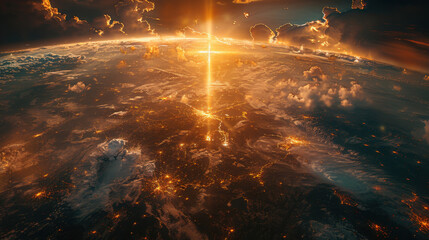 Shiny glowing golden Christian religion faith cross symbol sign above the planet earth globe. Jesus Christ gospel and crucifixion evangelism, international missionary organization,worldwide.