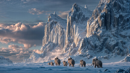 Panoramic Woolly Mammoth Herd Scene