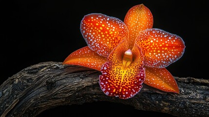 Orange, dotted orchid rests on dark wood