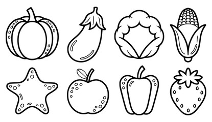 Black and white outlined fruits vegetables and starfish