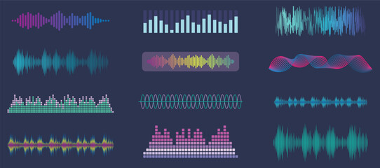 Vector sound waves collection. Music equalizer. Interference voice recording. High frequency radio wave. 