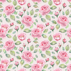 Seamless abstract watercolor floral patterns with pink roses. Botanical watercolour painting backgrounds.