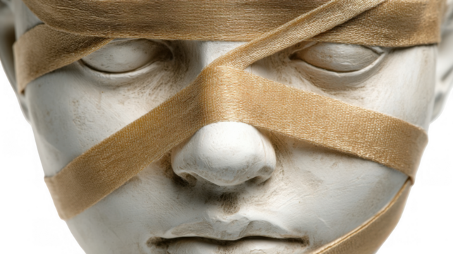 Gold ribbons are covering the eyes and mouth of a neutral face plaster sculpture on a transparent background, representing censorship, blindness, or silence