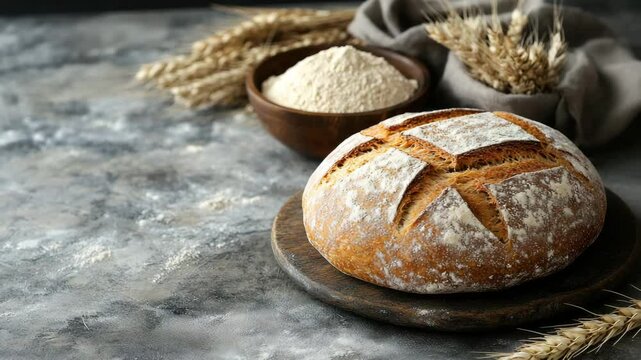 Freshly baked bread with wheat grains and flour displayed on a rustic table