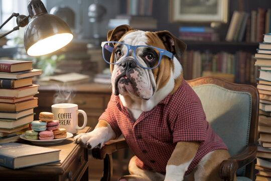 Bulldog with Glasses Reads Books and Enjoys Coffee Break