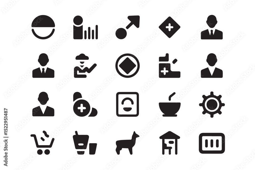 Poster a collection of twenty diverse icons, each representing a distinct concept or object.