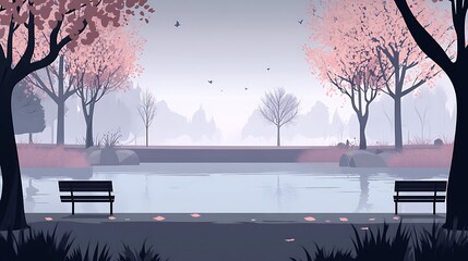 Misty park scene with a tranquil pond.