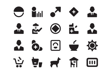 A collection of twenty diverse icons, each representing a distinct concept or object.
