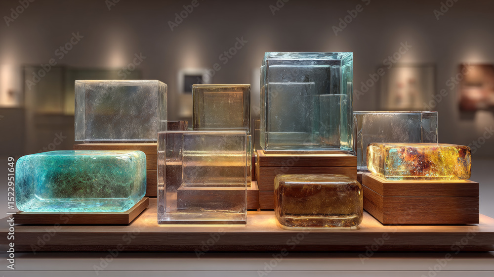 Aufkleber glass transparent cube and cylinder product podiums of different height. realistic vector set of ple