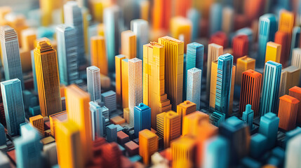 A vibrant cityscape showcasing colorful skyscrapers and buildings under a clear sky, bustling life below