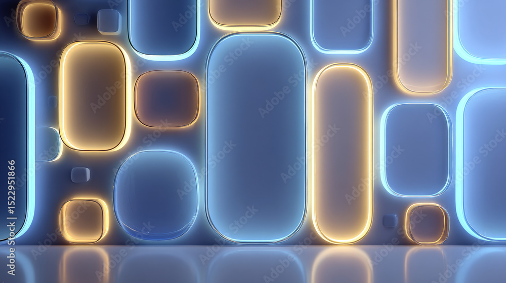 Poster neon light frames set with glowing blue borders on transparent background. glass effect geometric sh