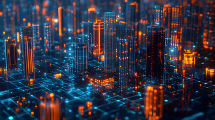 Obraz premium A vibrant digital cityscape at night, showcasing glowing skyscrapers and intricate circuitry below