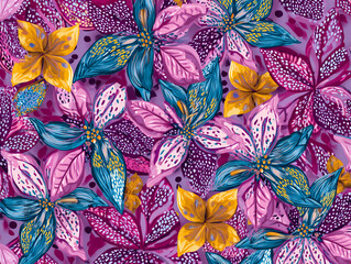 A vibrant abstract floral pattern in doodle style. Large petals in rich pink, golden yellow, white, and blue tones are layered over a deep navy background, creating a dynamic and painterly composition