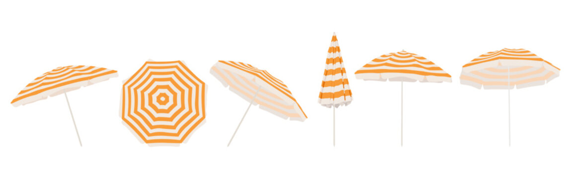 Open beach umbrella with orange and white stripes. Set with beach umbrella in different positions.	