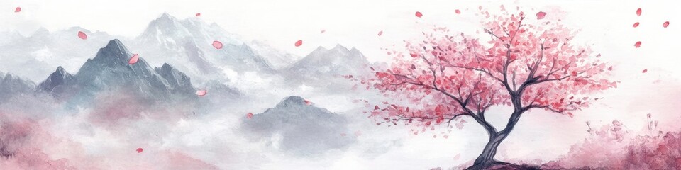 Pink cherry blossom tree stands alone against misty mountains, with delicate petals floating in the air, creating a serene and tranquil landscape illustration for nature lovers