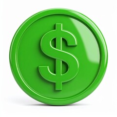 Obraz premium Dollar Currency Symbol on Green Coin 3d icon in cartoon plastic style minimal isolated on white background, clipping path