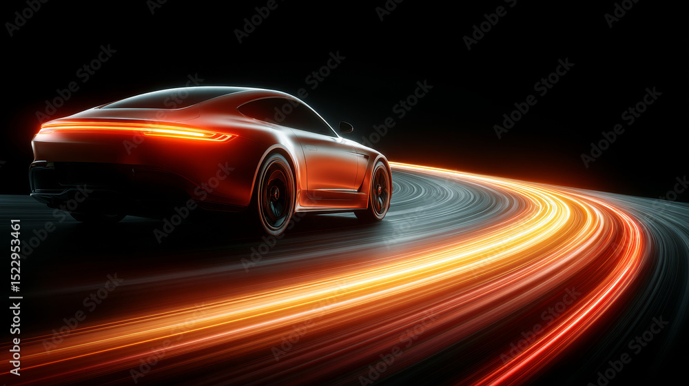 Poster high speed curves of driving line with light neon effect. red and yellow glowing dynamic trace of fa