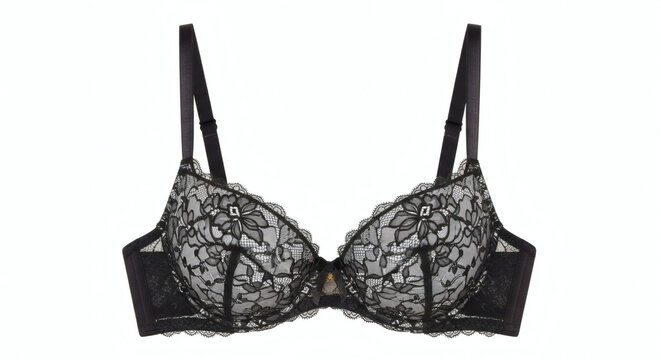 Elegant black lace bra isolated on white background, a luxurious and fashionable lingerie piece