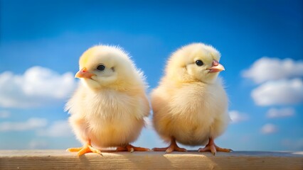 Fototapeta premium Two fluffy yellow chicks against a blue sky