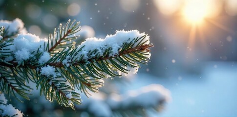 A close-up shot of a winter scene featuring a stiff, snow-covered pine branch brushed with frost, icy needles glistening in the sunlight Perfect for winter, holiday, or nature themes , crisp, light