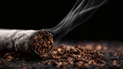 Burning cigar with smoke trail close-up, Loose tobacco scattered on surface, Concept for addiction, luxury, or smoking danger